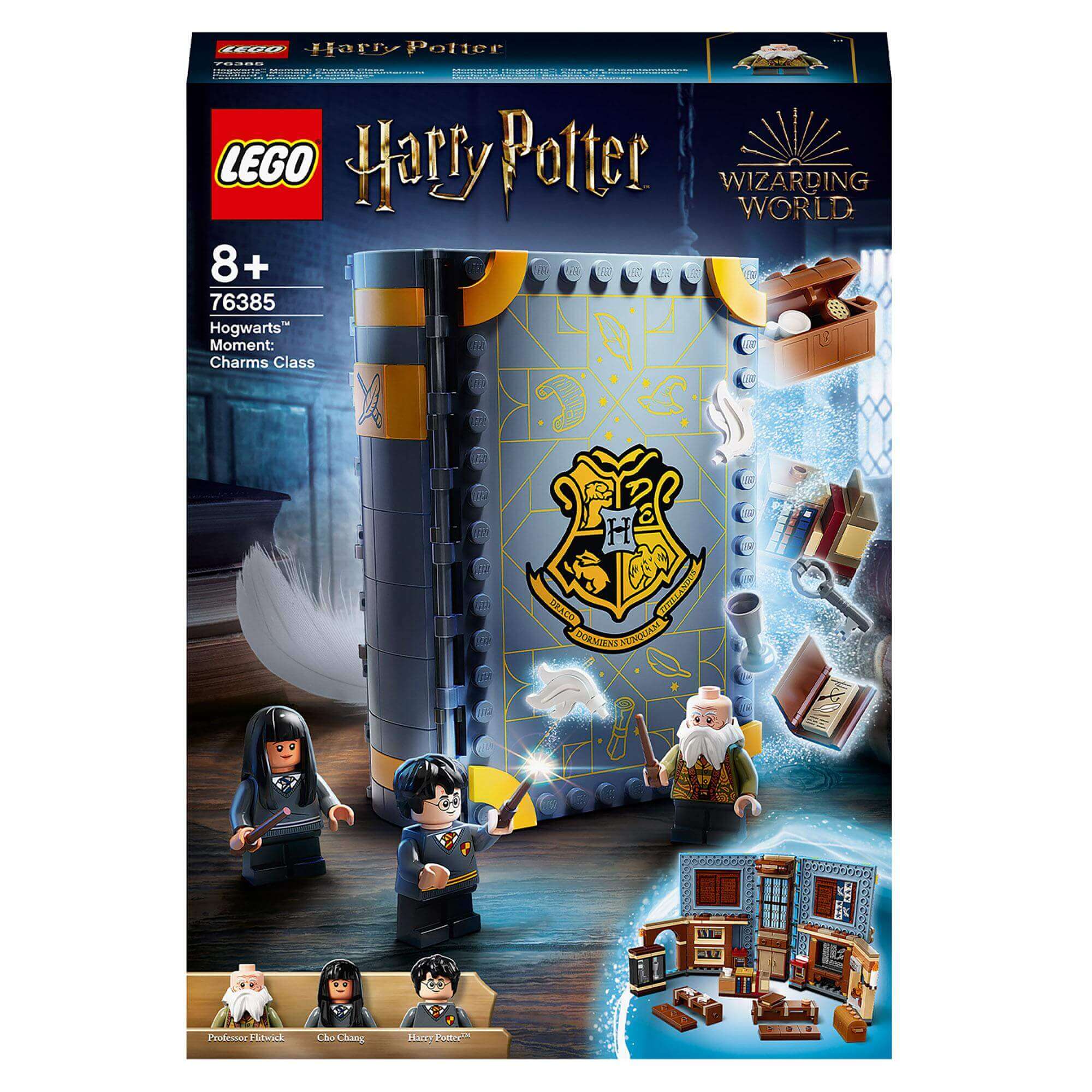 LEGO Harry Potter Hogwarts Charms Class Set 76385 with magical book and mini-figures for spellcasting fun.