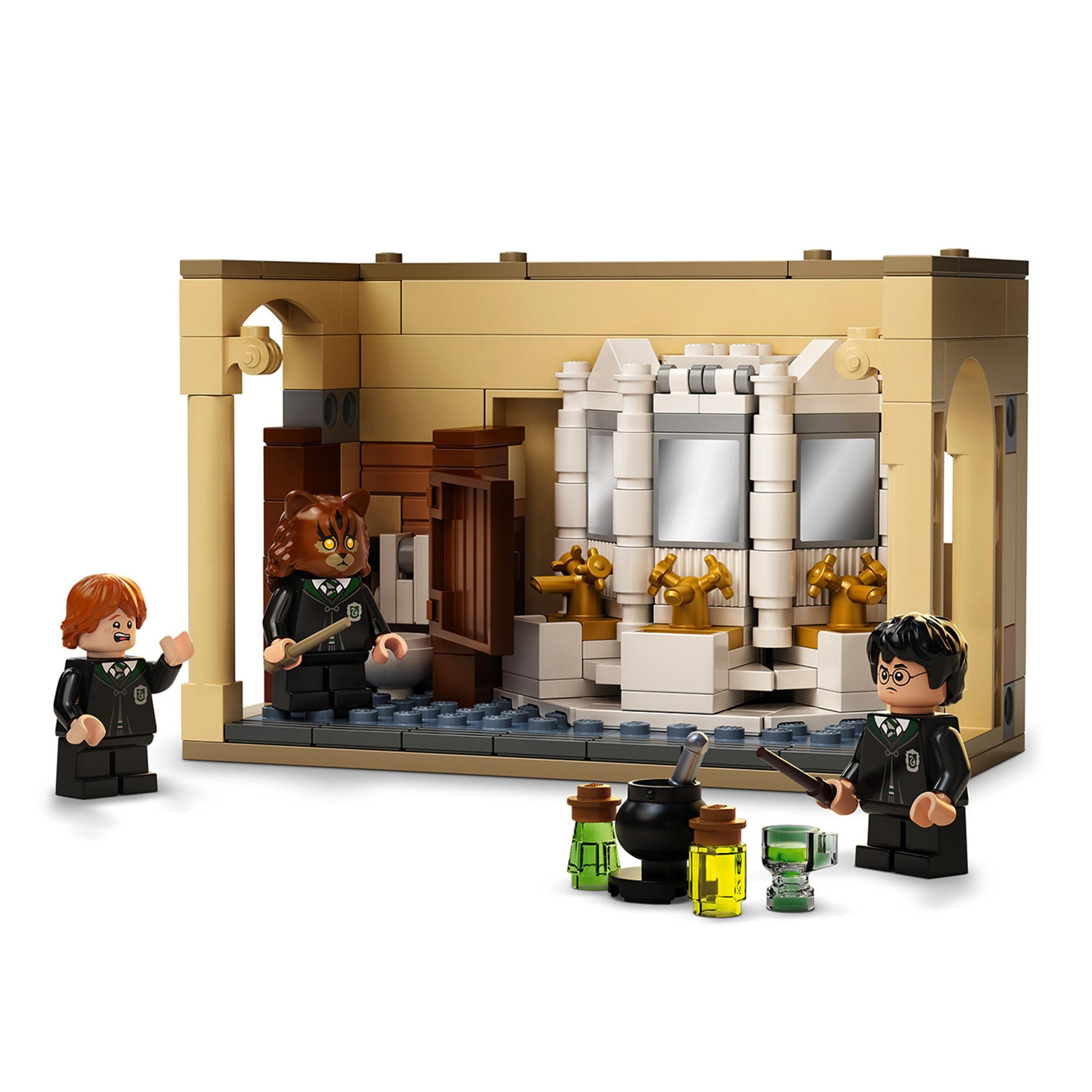 LEGO Harry Potter Hogwarts Potion Mistake Set 76386 with characters in the bathroom and potion ingredients.