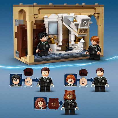 LEGO Harry Potter Hogwarts Potion Mistake Set 76386 with characters and transformation scenes in a bathroom setting.