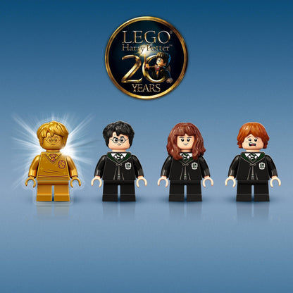 LEGO Harry Potter 20th Anniversary minifigures including Harry, Hermione, Ron, and special golden Ron figure.