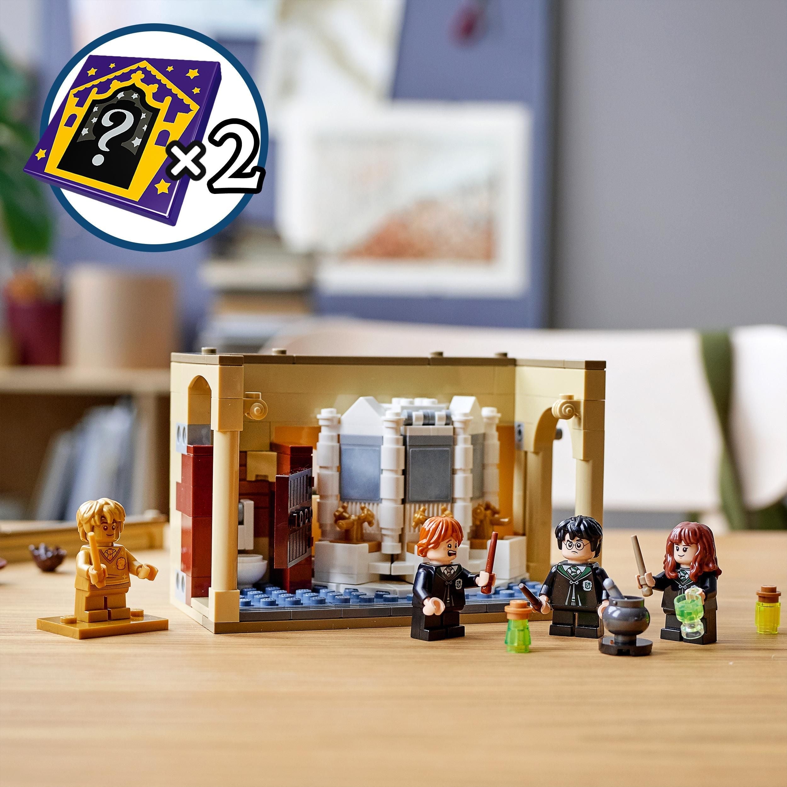 LEGO Harry Potter 76386 set features characters in Hogwarts bathroom with potions for magical adventures.