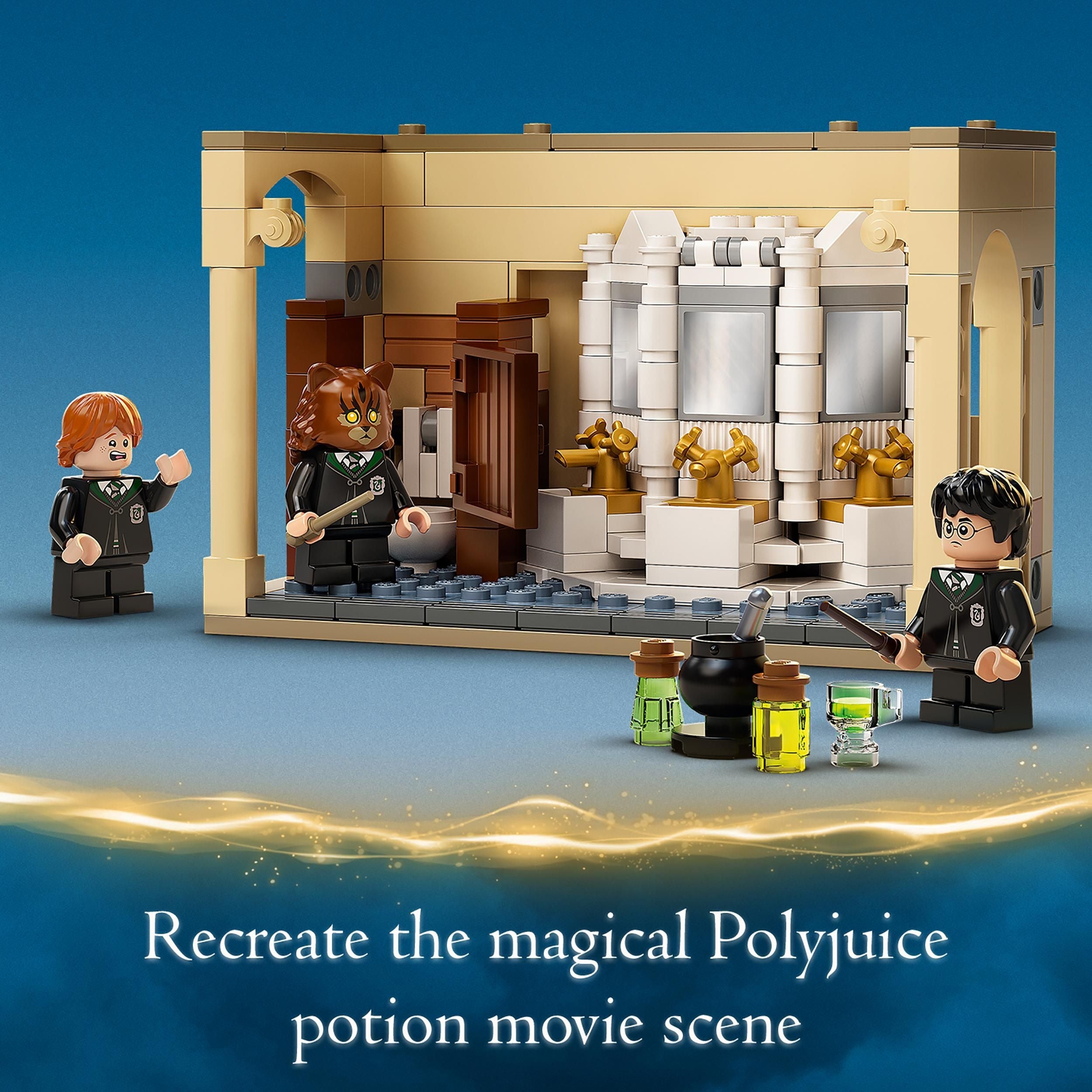 LEGO Harry Potter Hogwarts Potion Mistake Set 76386 with characters in a magical potion scene.