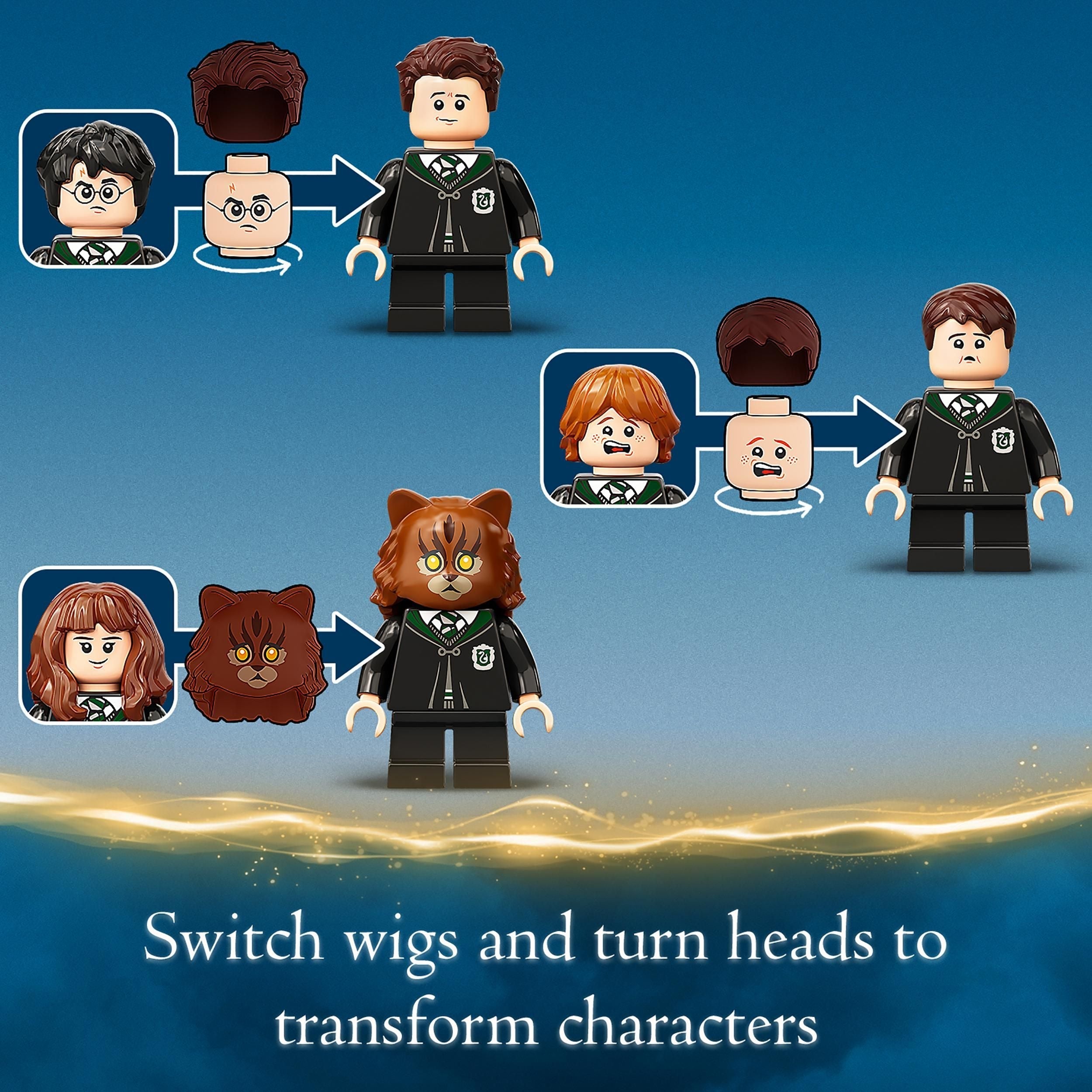 LEGO Harry Potter characters transformation, switching wigs and heads for creative play in Hogwarts set.