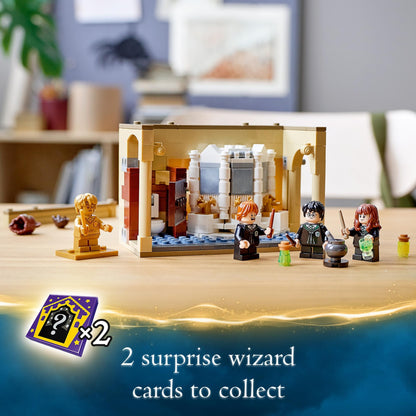 LEGO Harry Potter 76386 Potion Mistake set, featuring Harry, Ron, and Hermione in the Hogwarts bathroom with potion accessories.