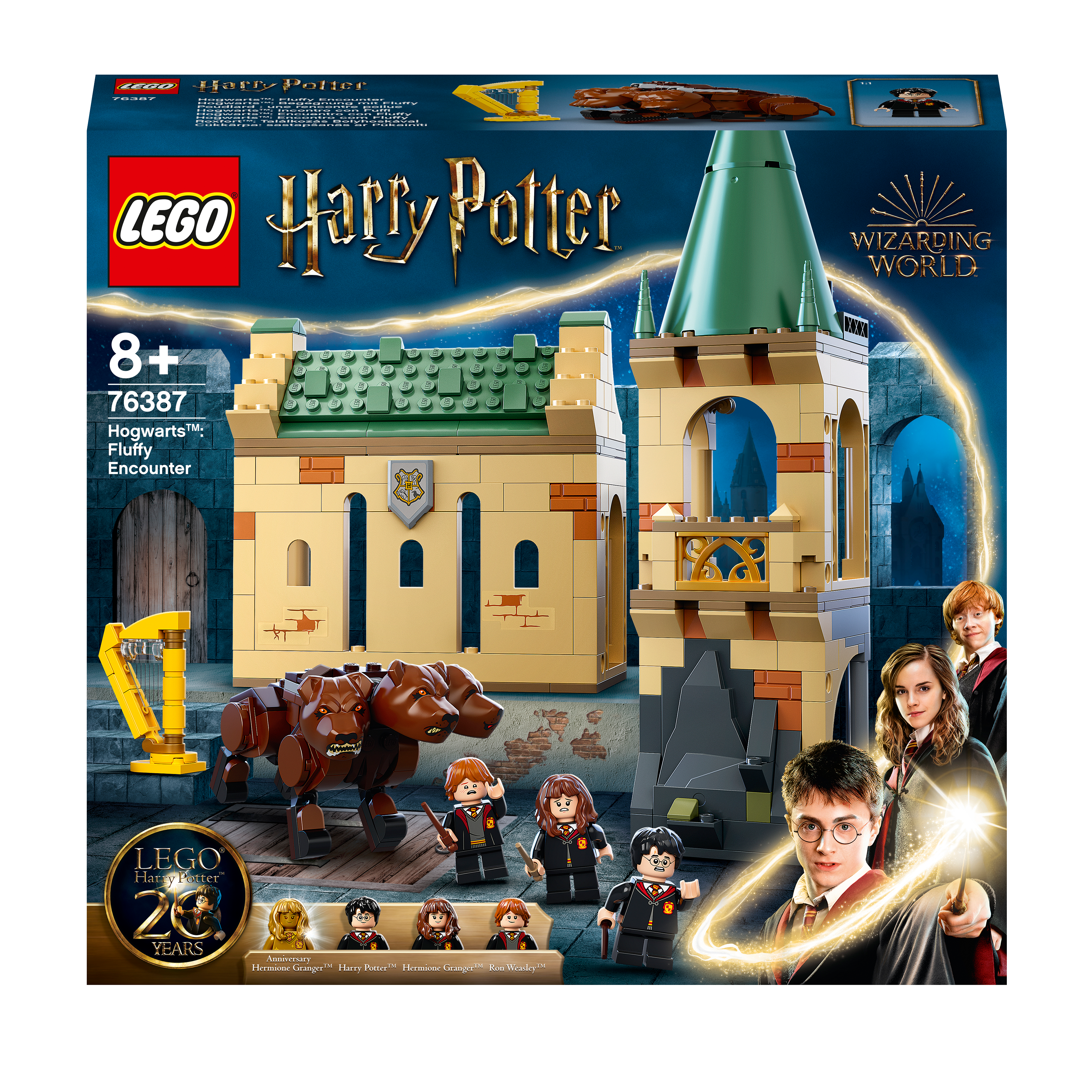 LEGO Harry Potter Hogwarts Fluffy Encounter 76387 playset with Harry, Ron, Hermione, and Fluffy the dog.