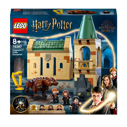 LEGO Harry Potter Hogwarts Fluffy Encounter 76387 playset with Harry, Ron, Hermione, and Fluffy the dog.