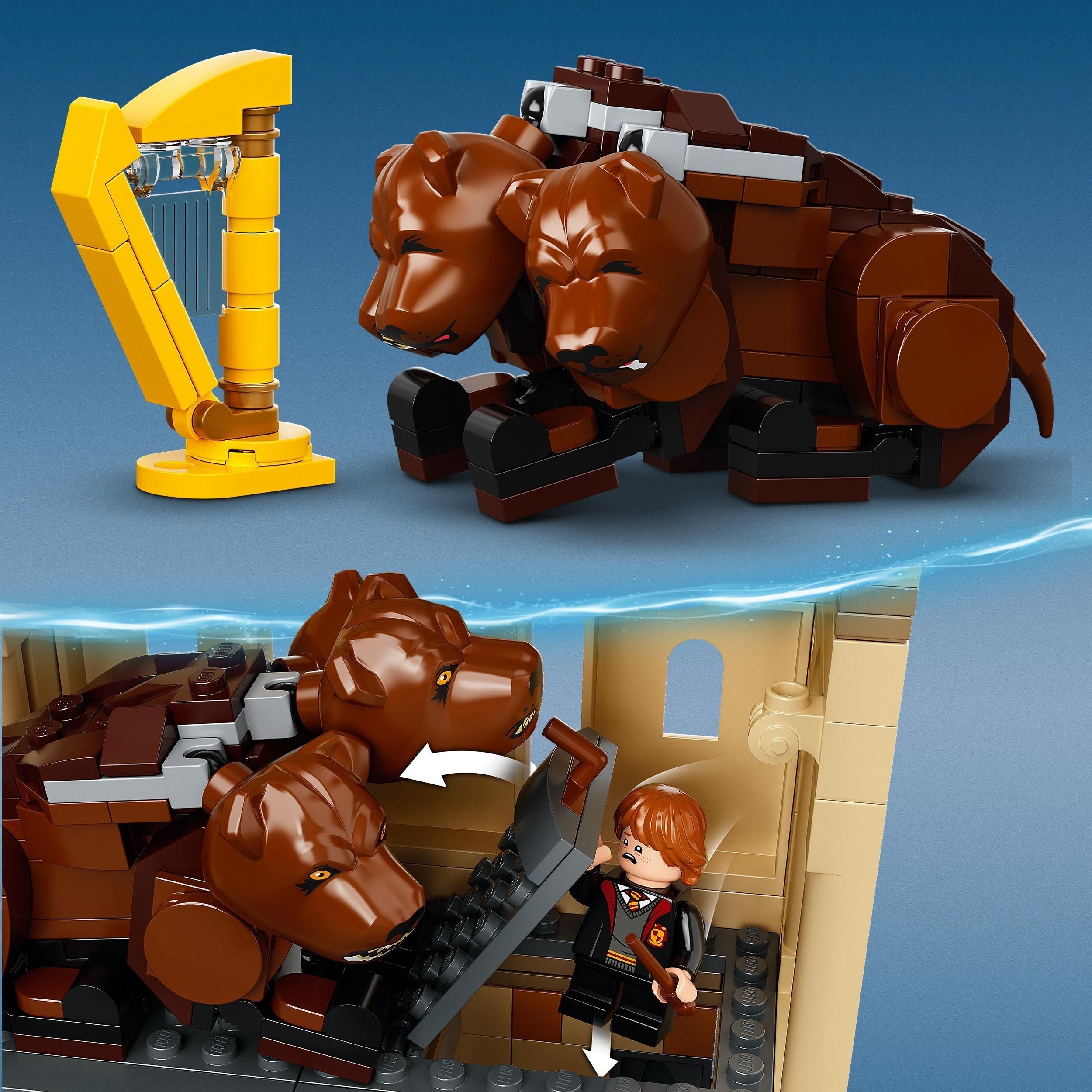 LEGO Harry Potter Hogwarts Fluffy Encounter playset featuring Fluffy the 3-headed dog and a harp.