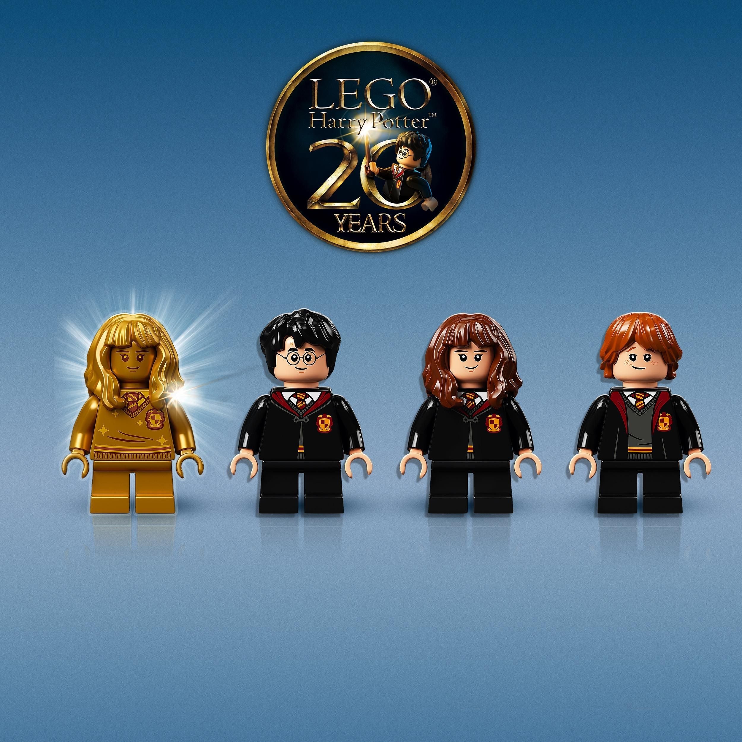 LEGO Harry Potter 20th Anniversary edition featuring Hermione, Harry, Ron, and a special golden Hermione minifigure.