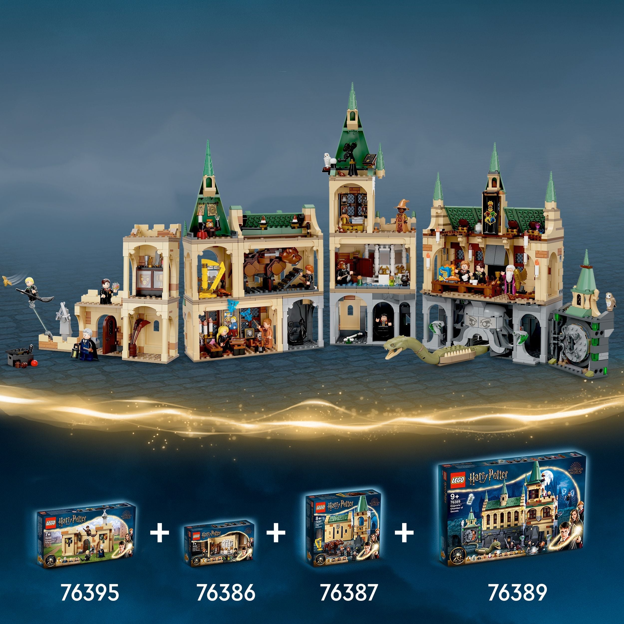LEGO Harry Potter Hogwarts playset showcasing Fluffy Encounter set 76387 with other Hogwarts sets.
