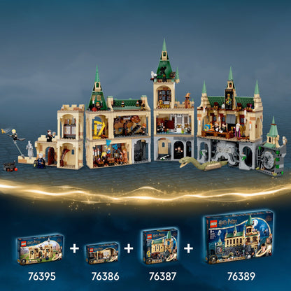 LEGO Harry Potter Hogwarts playset showcasing Fluffy Encounter set 76387 with other Hogwarts sets.