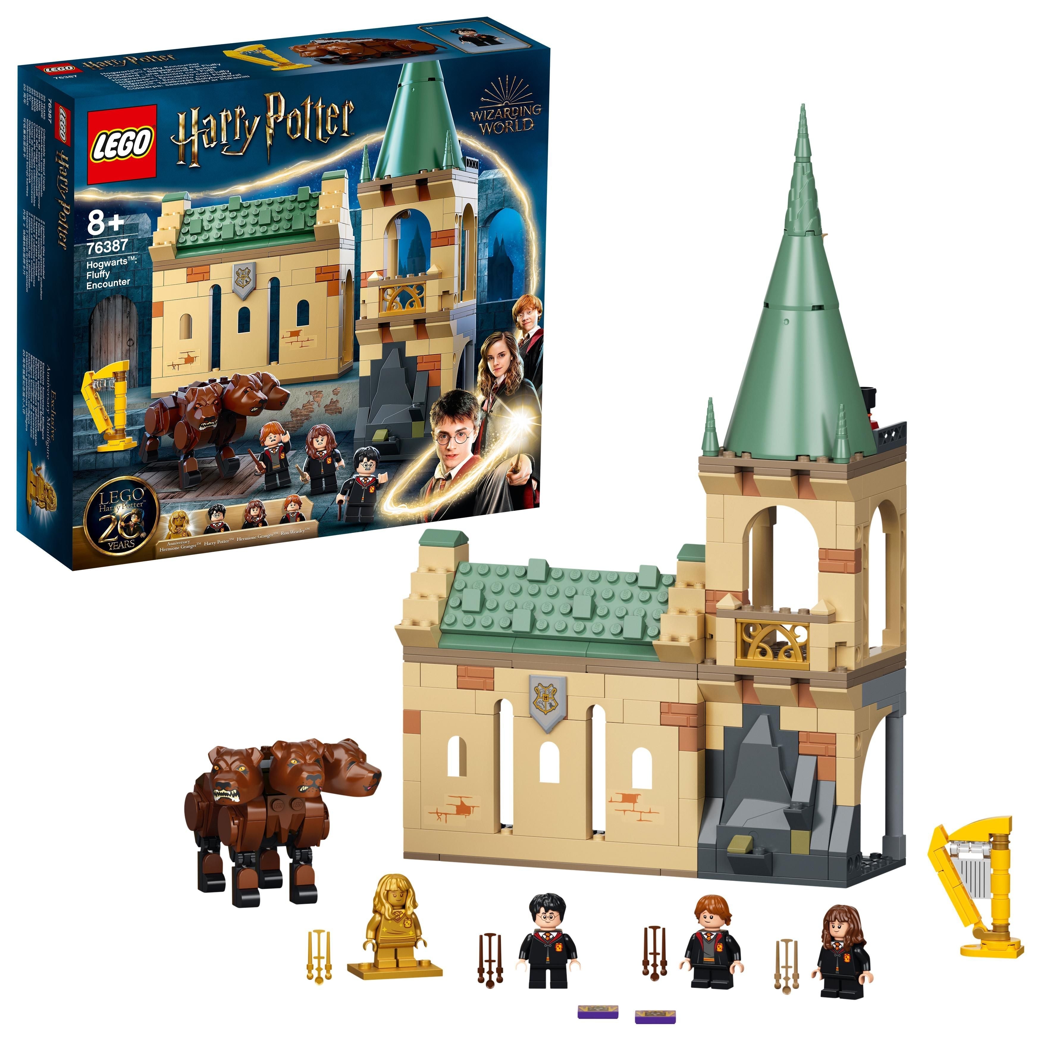 LEGO Harry Potter Hogwarts: Fluffy Encounter 76387 playset featuring Harry, Ron, Hermione, and Fluffy the 3-headed dog.