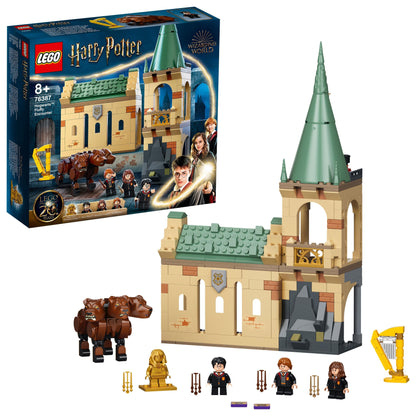 LEGO Harry Potter Hogwarts: Fluffy Encounter 76387 playset featuring Harry, Ron, Hermione, and Fluffy the 3-headed dog.