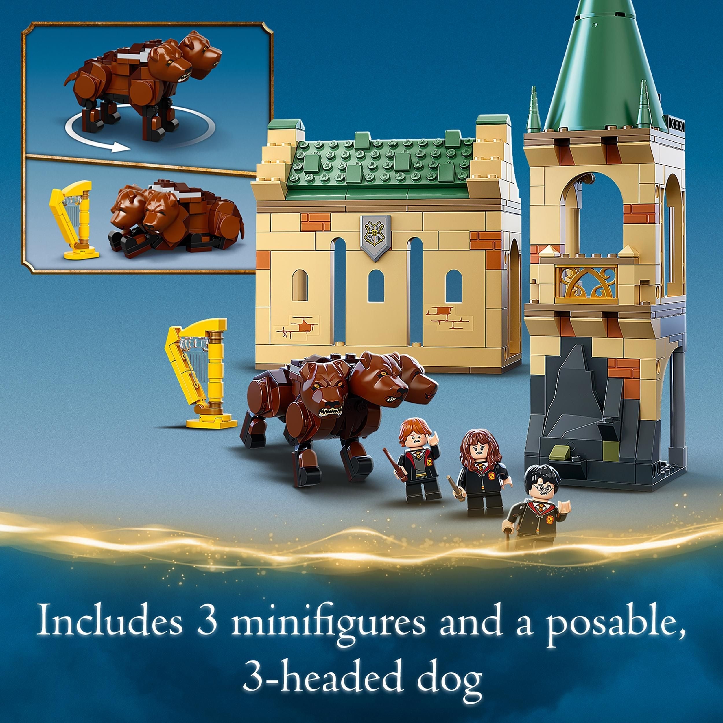 LEGO Harry Potter Hogwarts Fluffy Encounter 76387 set with minifigures and posable 3-headed dog.