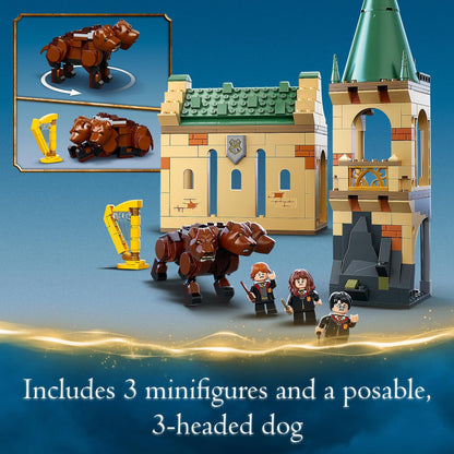 LEGO Harry Potter Hogwarts Fluffy Encounter 76387 set with minifigures and posable 3-headed dog.