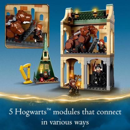 LEGO Harry Potter Hogwarts: Fluffy Encounter playset showcasing 5 connectable modules with Harry, Ron, and Hermione.