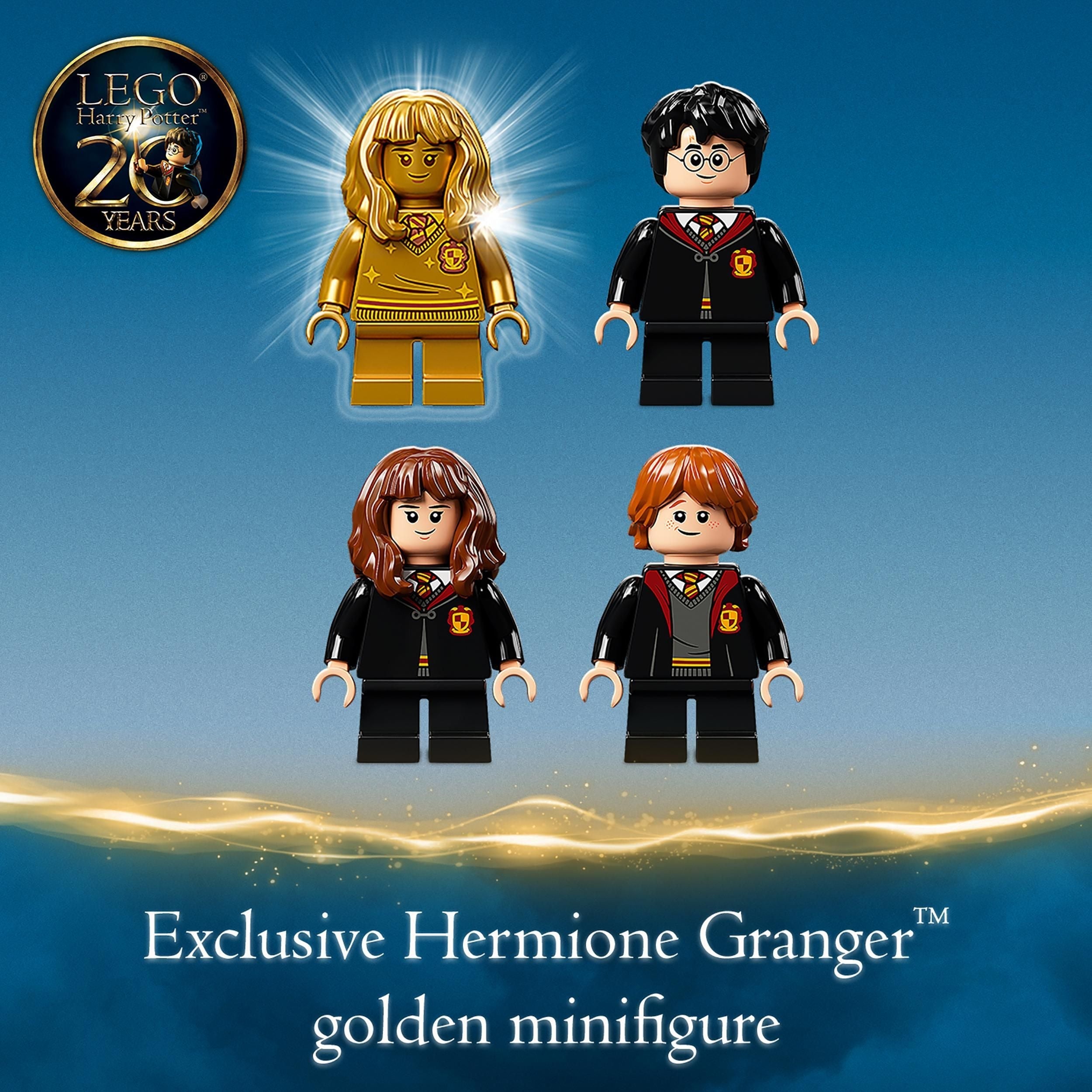 LEGO Harry Potter 20th Anniversary exclusive Hermione Granger golden minifigure with Harry and Ron
