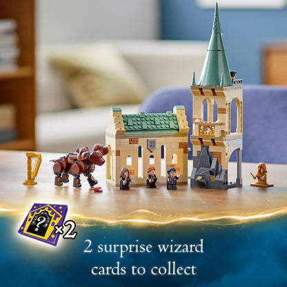 LEGO Harry Potter Fluffy Encounter playset with characters and surprise wizard cards, perfect for young fans.