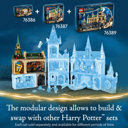LEGO Harry Potter Hogwarts sets 76386, 76387, 76389 showcasing modular design for building and swapping.