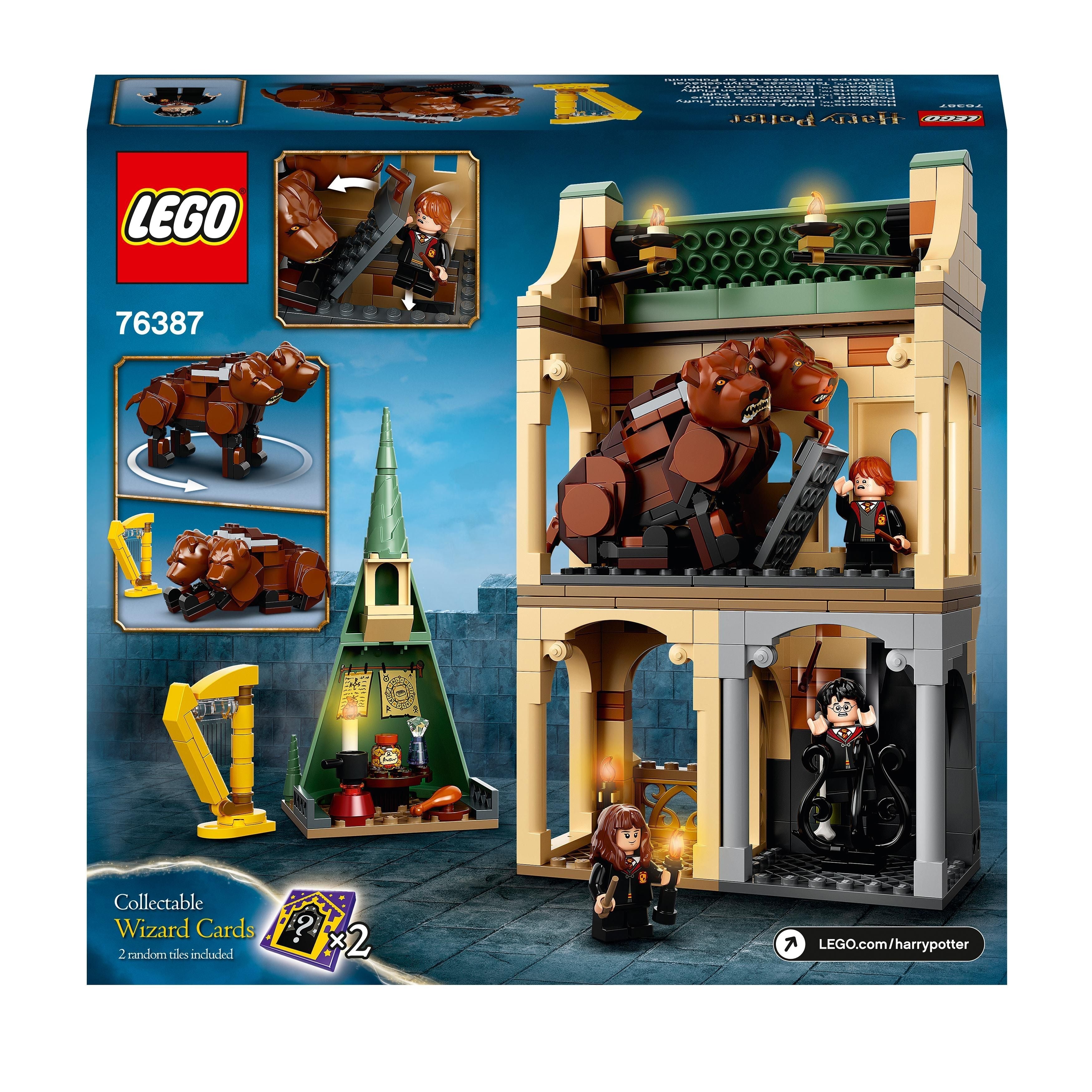 LEGO Harry Potter Hogwarts Fluffy Encounter 76387 playset featuring Harry, Ron, Hermione, and Fluffy the 3-headed dog.