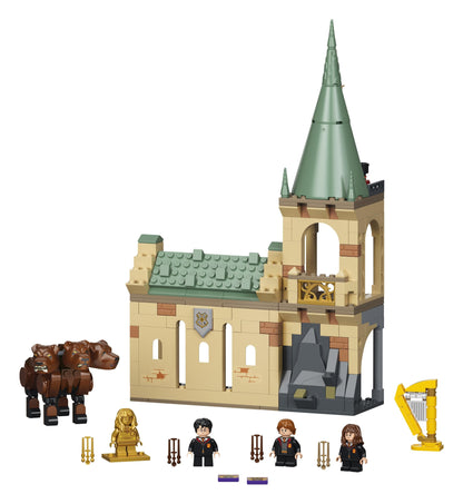 LEGO Harry Potter Hogwarts Fluffy Encounter set with characters Harry, Ron, Hermione, and three-headed dog Fluffy.