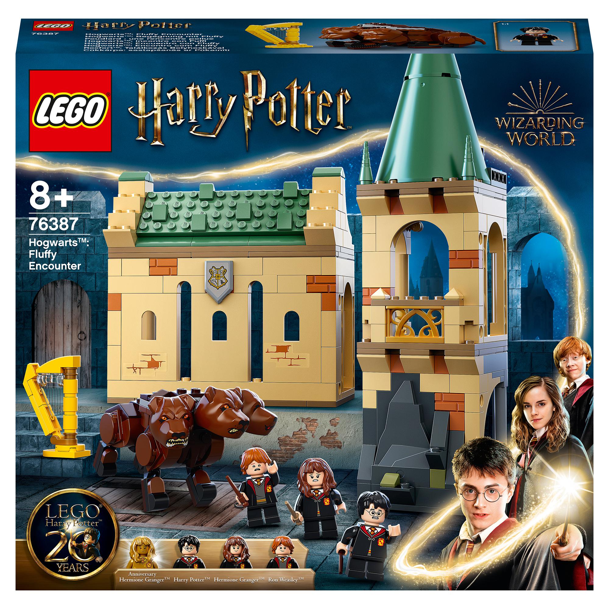 LEGO Harry Potter Hogwarts Fluffy Encounter 76387 playset featuring Harry, Ron, Hermione, and Fluffy the 3-headed dog.
