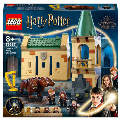 LEGO Harry Potter Hogwarts Fluffy Encounter 76387 playset featuring Harry, Ron, Hermione, and Fluffy the 3-headed dog.