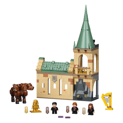 LEGO Harry Potter Hogwarts Fluffy Encounter 76387 playset with Fluffy, Harry, Ron, Hermione, and detailed castle features.