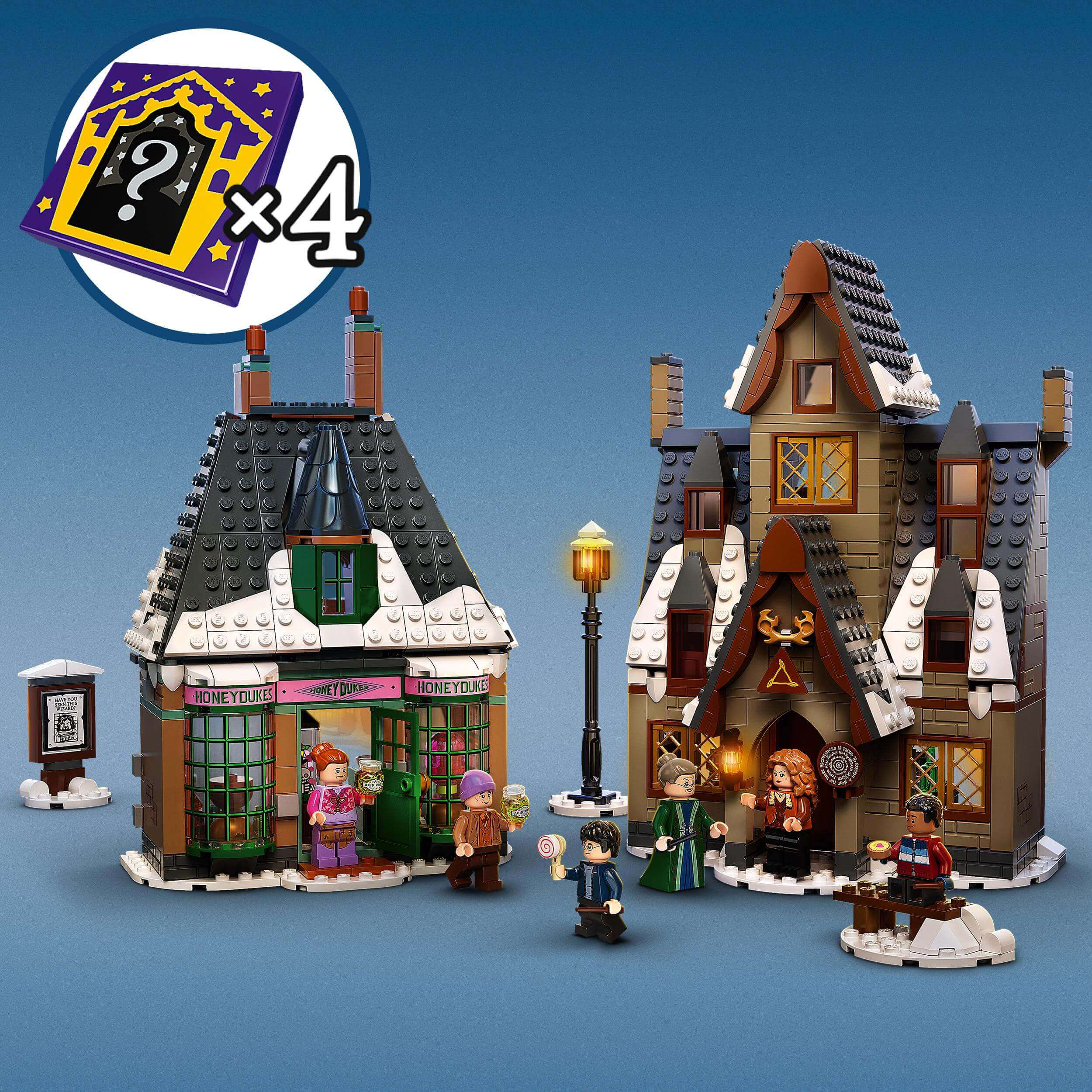 LEGO Harry Potter Hogsmeade Village Visit Set 76388 featuring shops and characters in winter setting.
