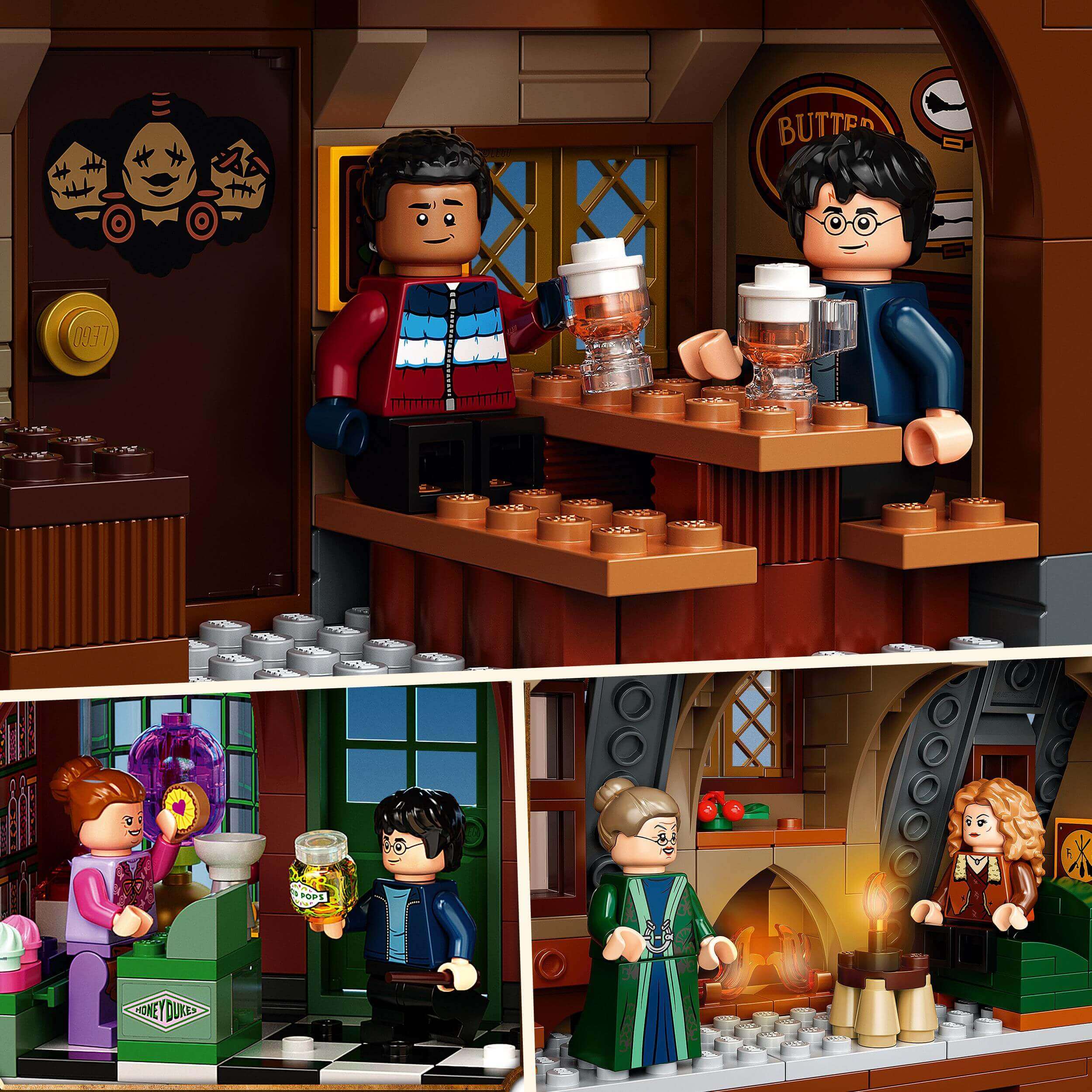 LEGO Harry Potter Hogsmeade Village Visit Set 76388 featuring characters in the Three Broomsticks pub.