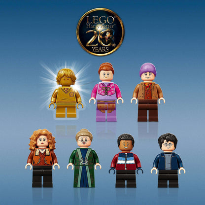 LEGO Harry Potter 20th Anniversary minifigures including Harry, Hermione, and Ron with commemorative logo.