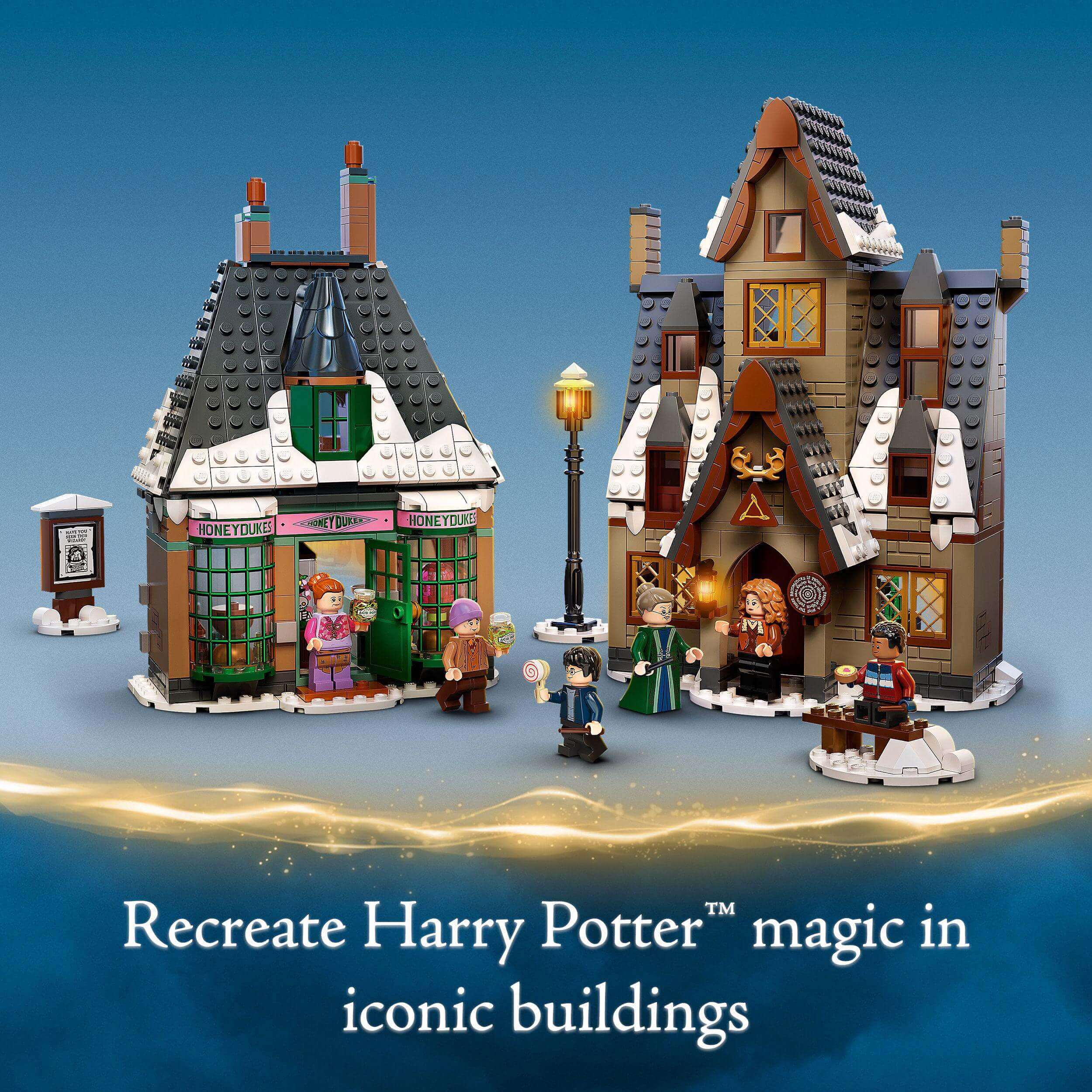 LEGO Harry Potter Hogsmeade Village Visit Set 76388 showcasing iconic buildings for magical roleplay adventures.