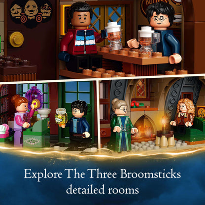 LEGO Harry Potter set showcasing detailed Three Broomsticks rooms for magical adventures.