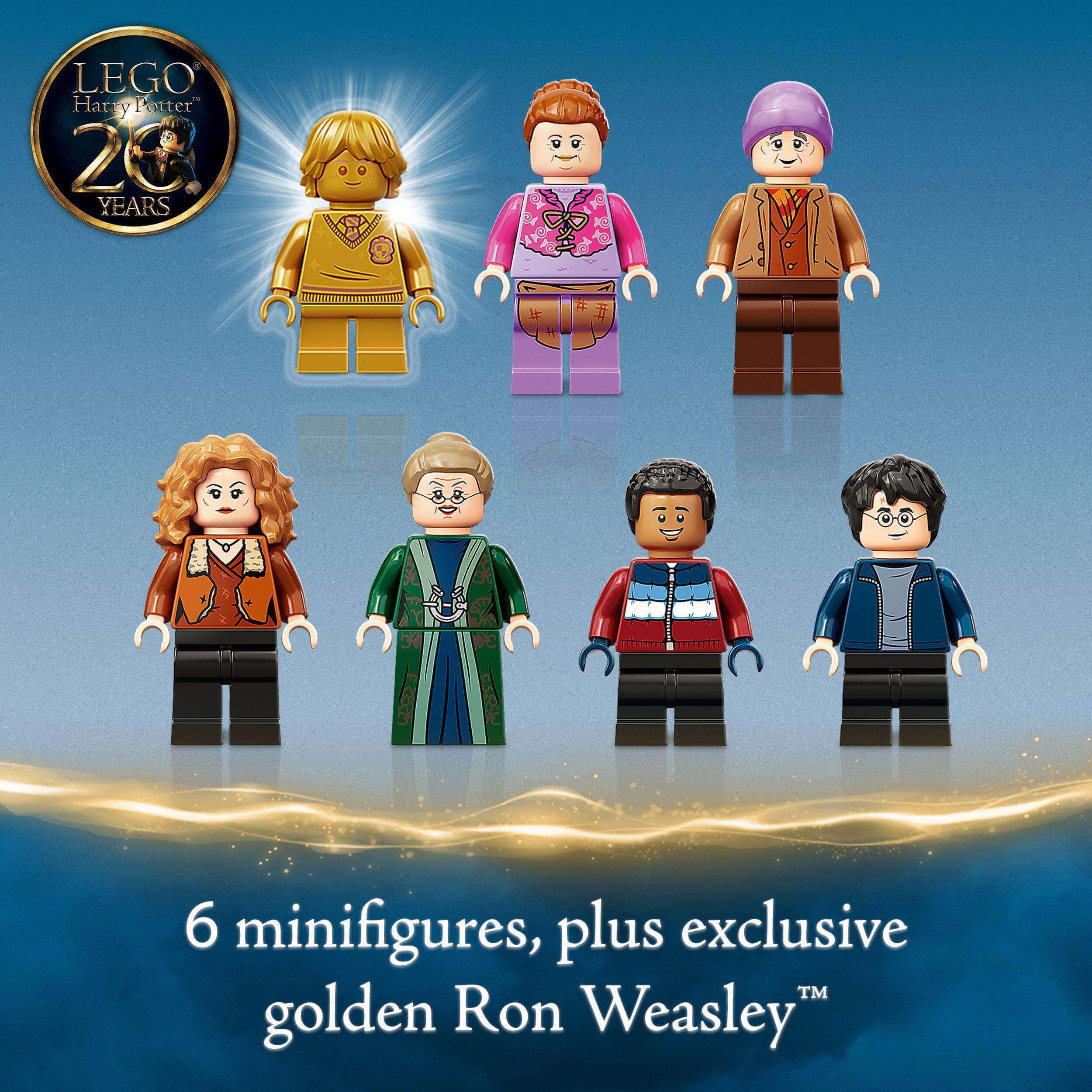 LEGO Harry Potter 20th Anniversary set featuring 6 minifigures and exclusive golden Ron Weasley.