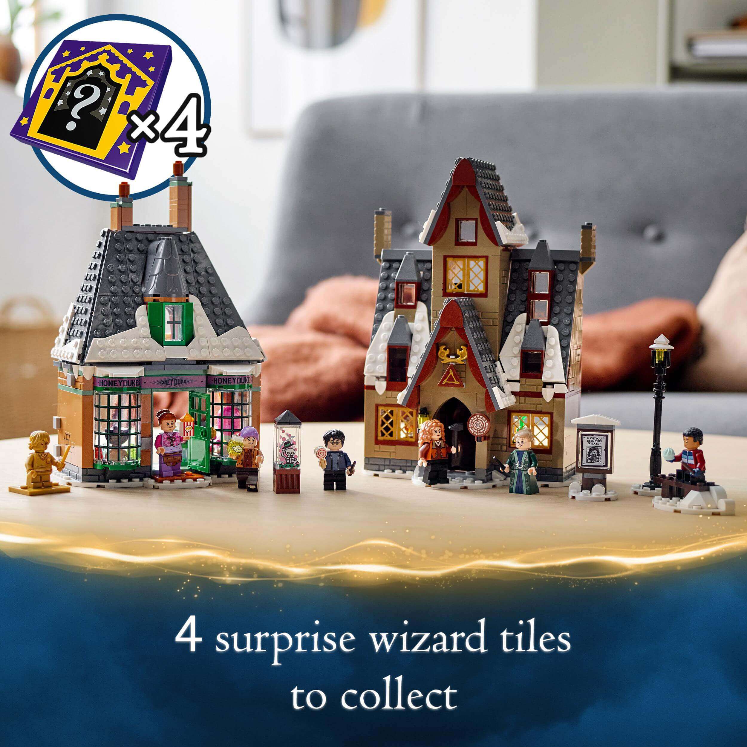 LEGO Harry Potter Hogsmeade Village Visit Set 76388 featuring buildings and characters with surprise wizard tiles.