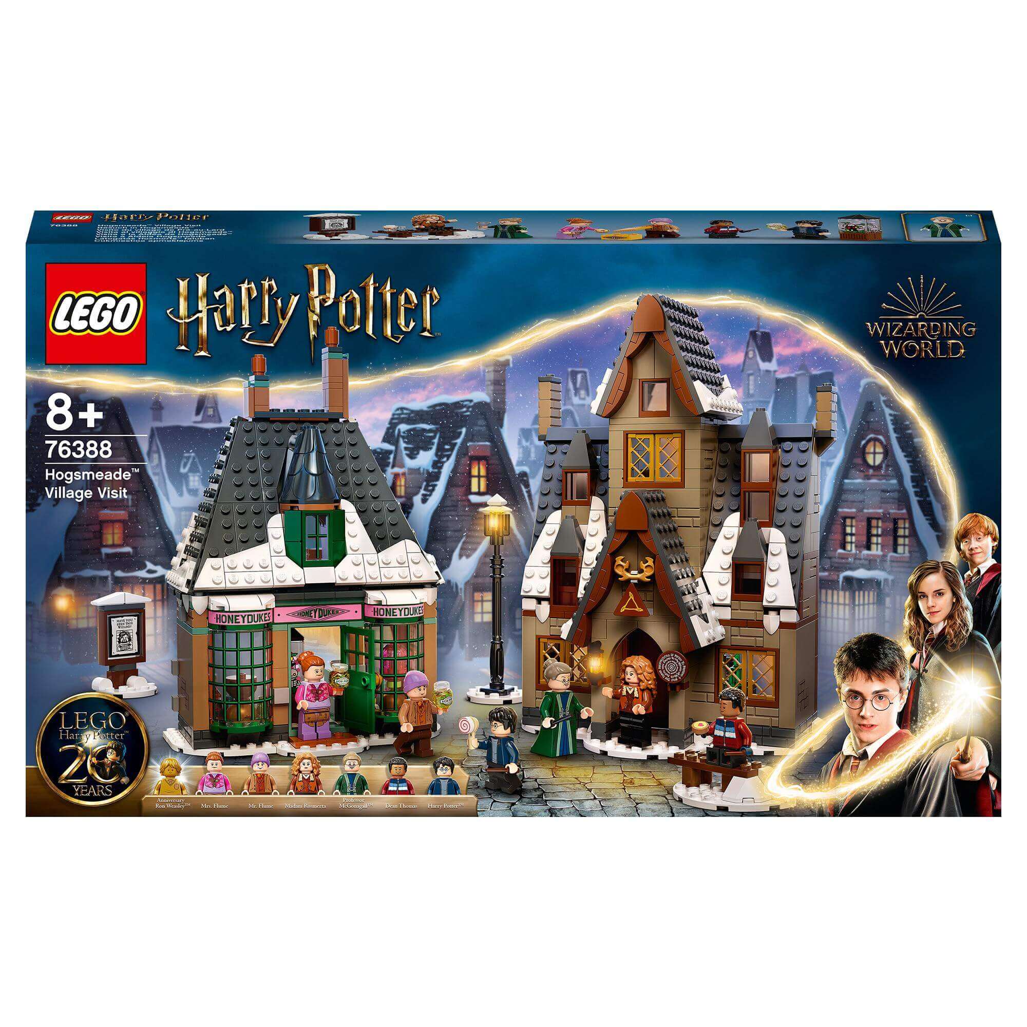 LEGO Harry Potter Hogsmeade Village Visit Set 76388 featuring charming buildings and minifigures for magical adventures.