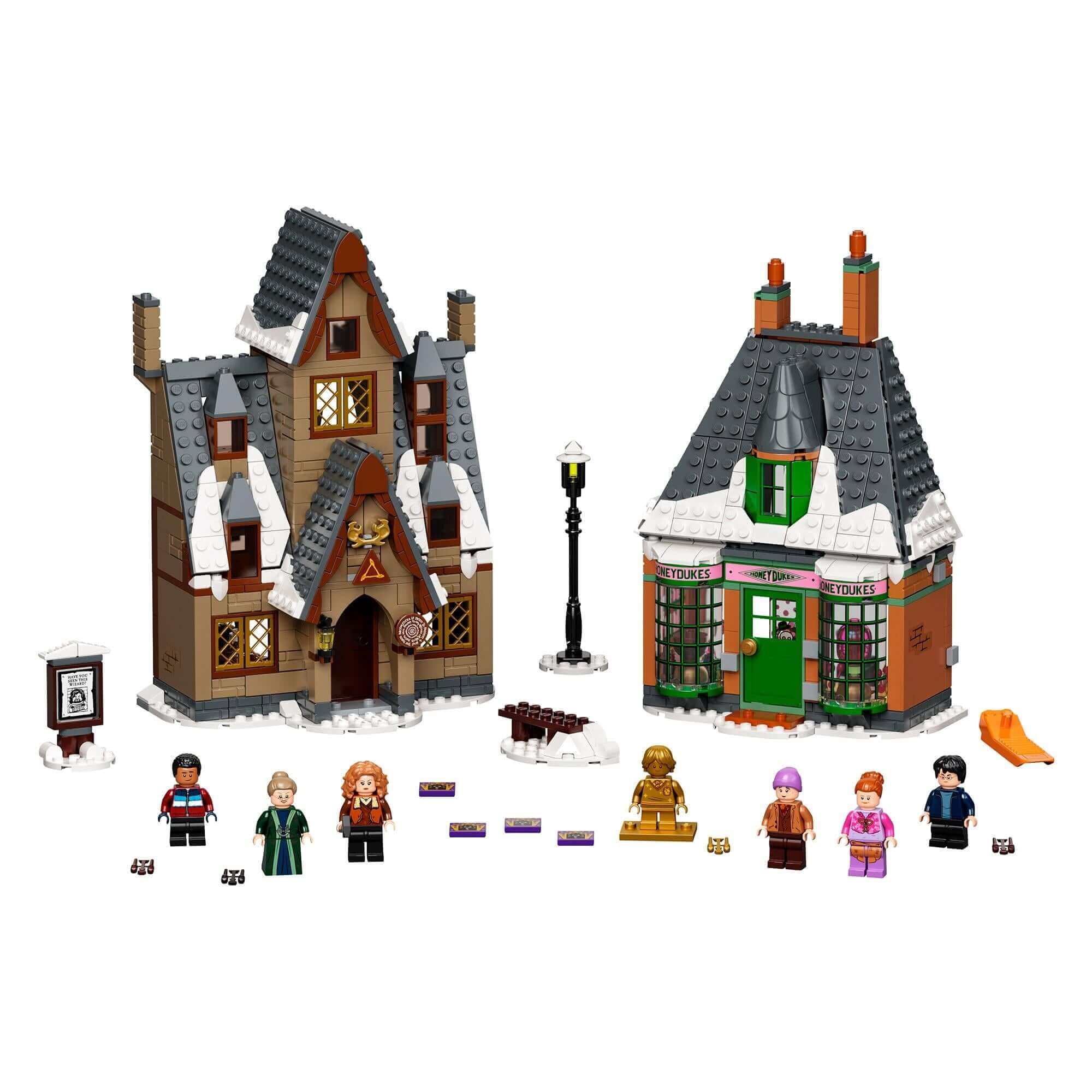 LEGO Harry Potter Hogsmeade Village Visit Set 76388 with buildings and characters for magical adventures.