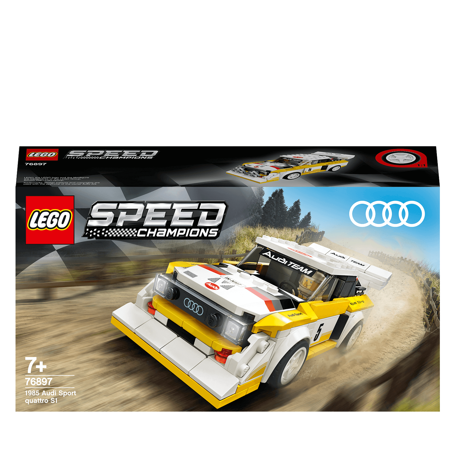 LEGO® Speed Champions set 76897 featuring Audi Sport Quattro S1 model car for racing enthusiasts and collectors.