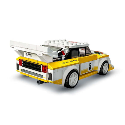 LEGO Speed Champions Audi Sport Quattro S1 model with detailed rear design and prominent racing number 5.