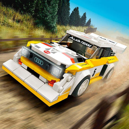 LEGO® Speed Champions Audi Sport Quattro S1 Set 76897, a detailed model car racing on a dirt track.