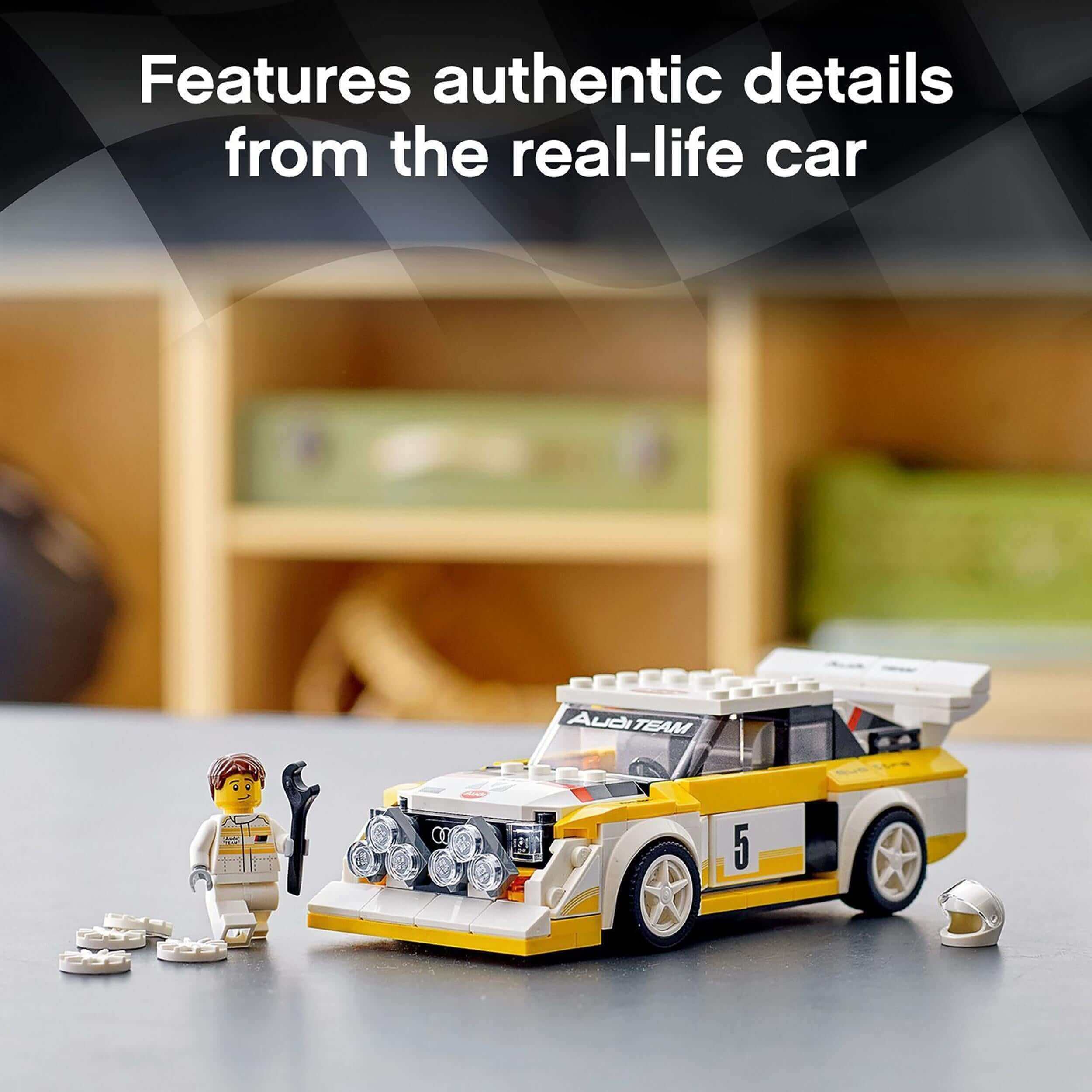 LEGO Speed Champions Audi Sport Quattro S1 set with authentic details and mini figure for racing enthusiasts.