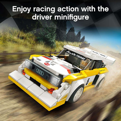 LEGO Speed Champions Audi Sport Quattro S1 set with driver minifigure on a racing track, showcasing 1980s action.