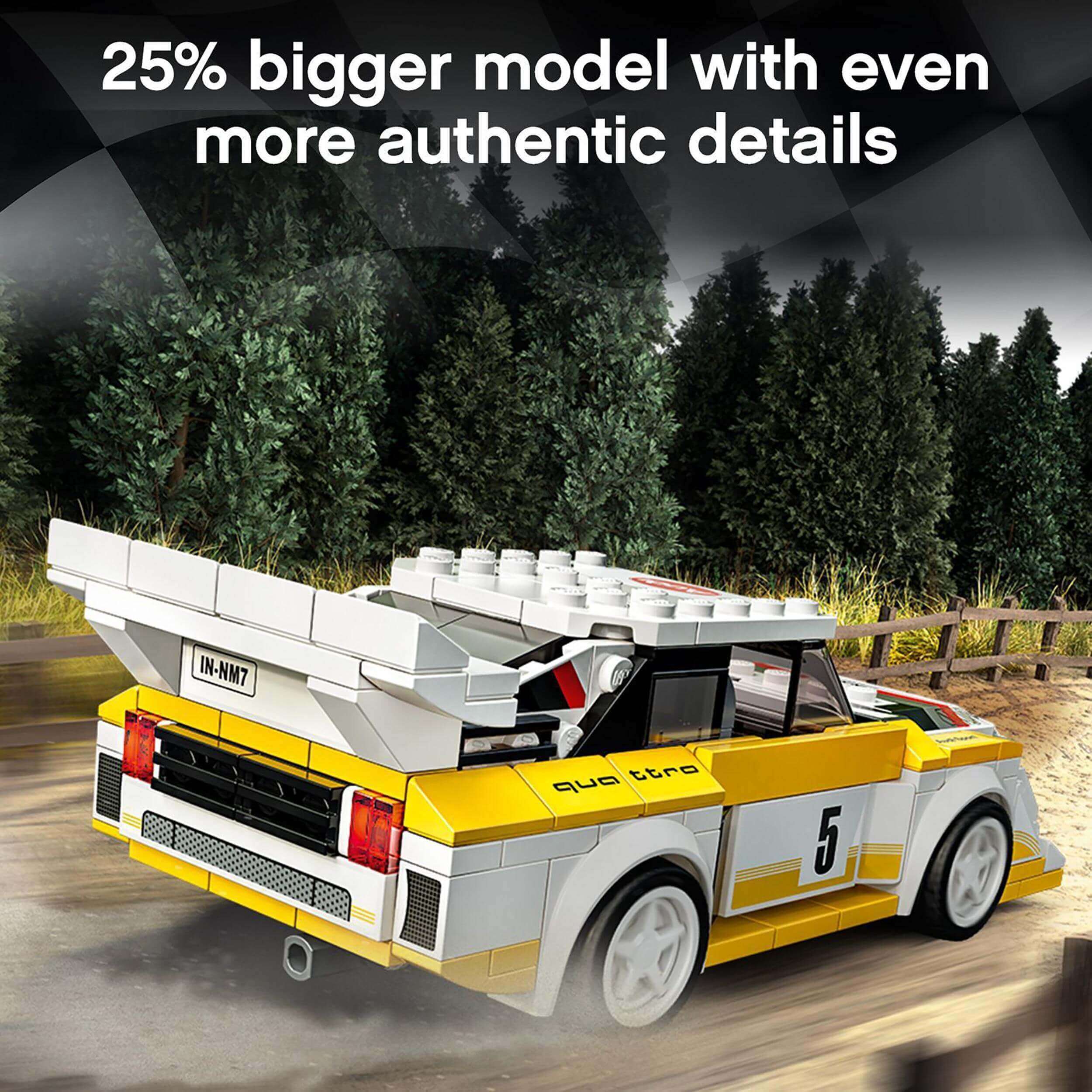 LEGO Speed Champions Audi Sport Quattro S1 model, 25% bigger with authentic details, racing through outdoor scenery.