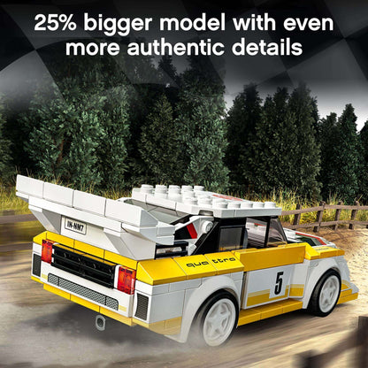 LEGO Speed Champions Audi Sport Quattro S1 model, 25% bigger with authentic details, racing through outdoor scenery.