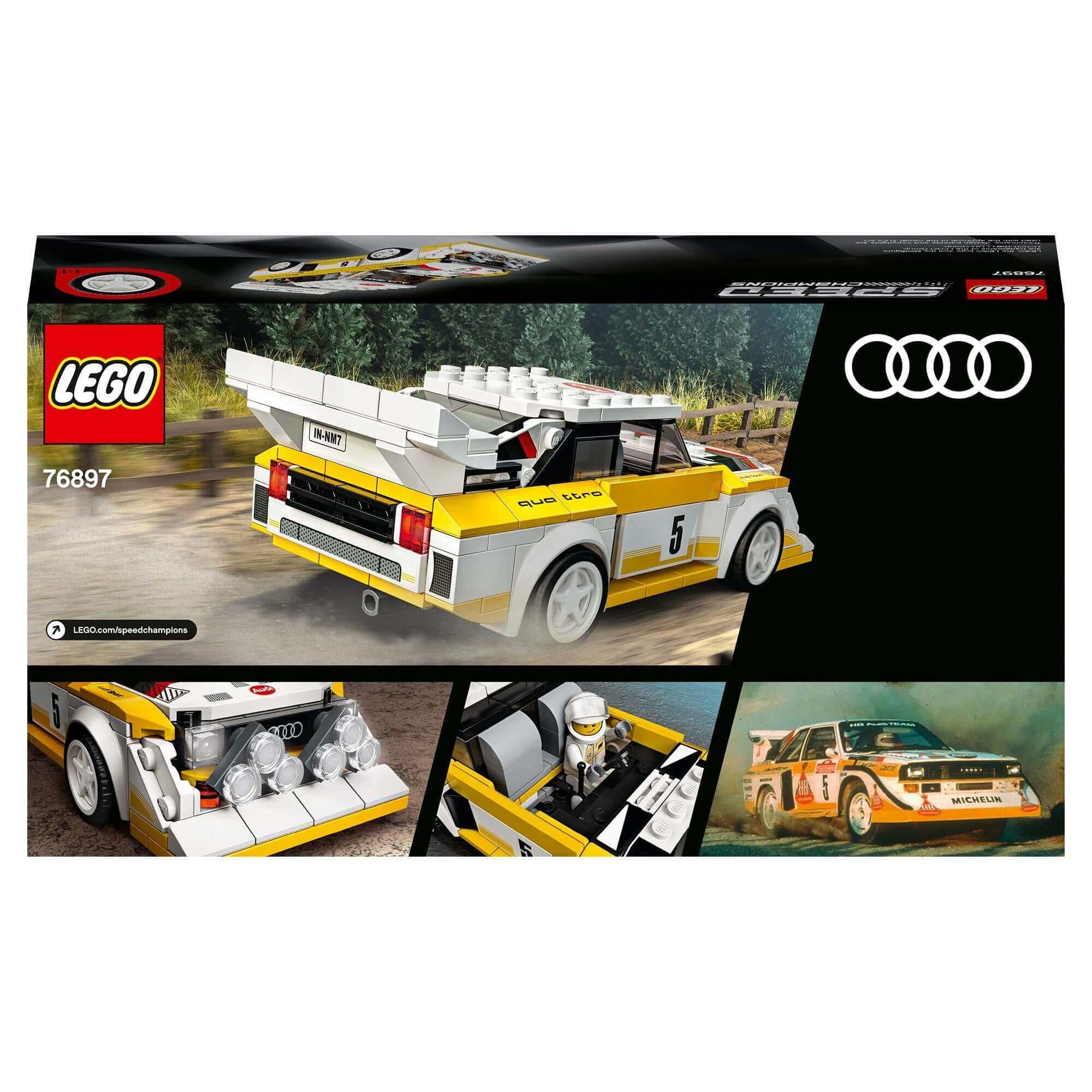 LEGO Speed Champions Audi Sport Quattro S1 Set 76897 packaging with classic race car and detailed imagery.
