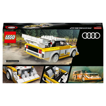 LEGO Speed Champions Audi Sport Quattro S1 Set 76897 packaging with classic race car and detailed imagery.