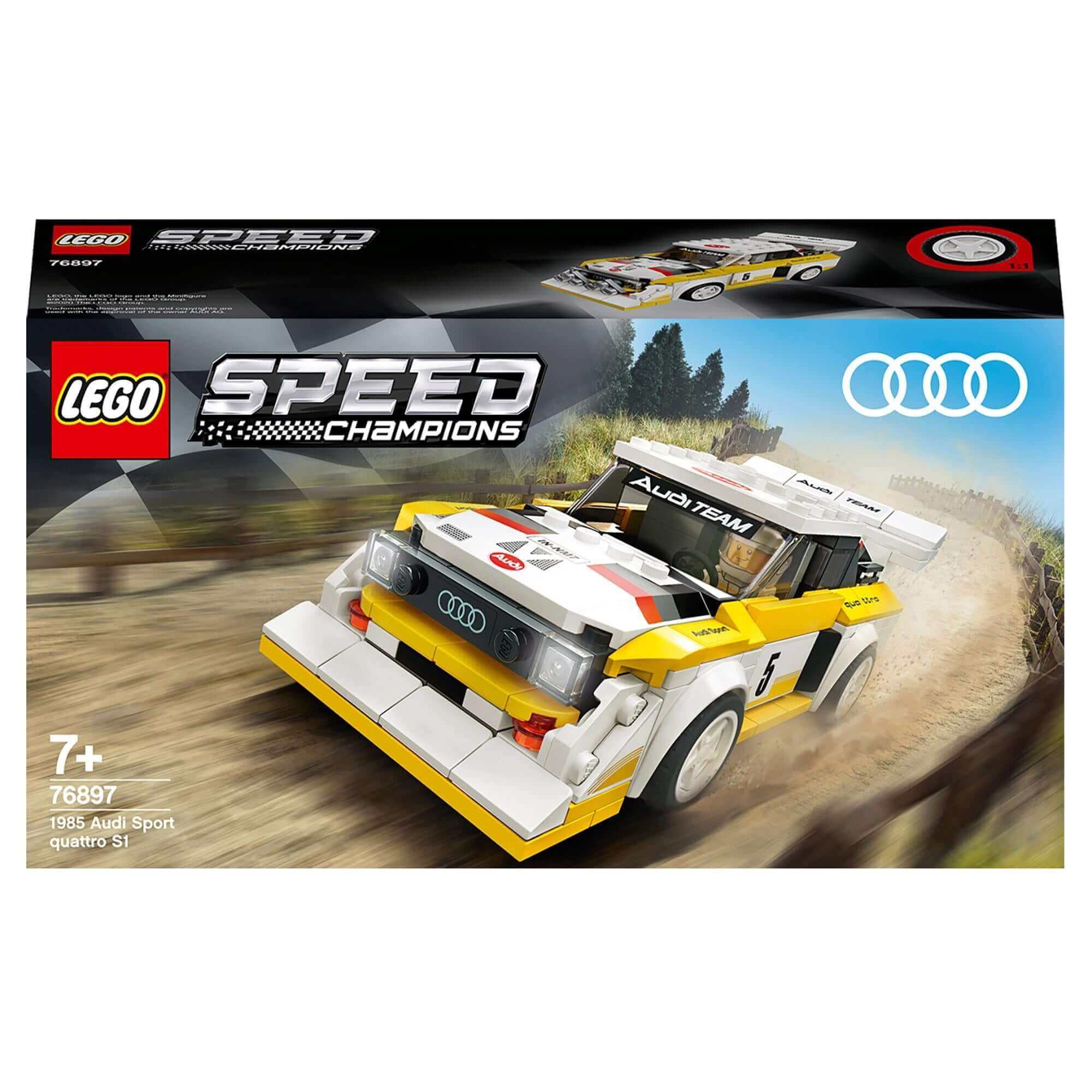 LEGO® Speed Champions Audi Sport Quattro S1 Set 76897, featuring a classic 1980s race car model suitable for fans aged 7 and up.