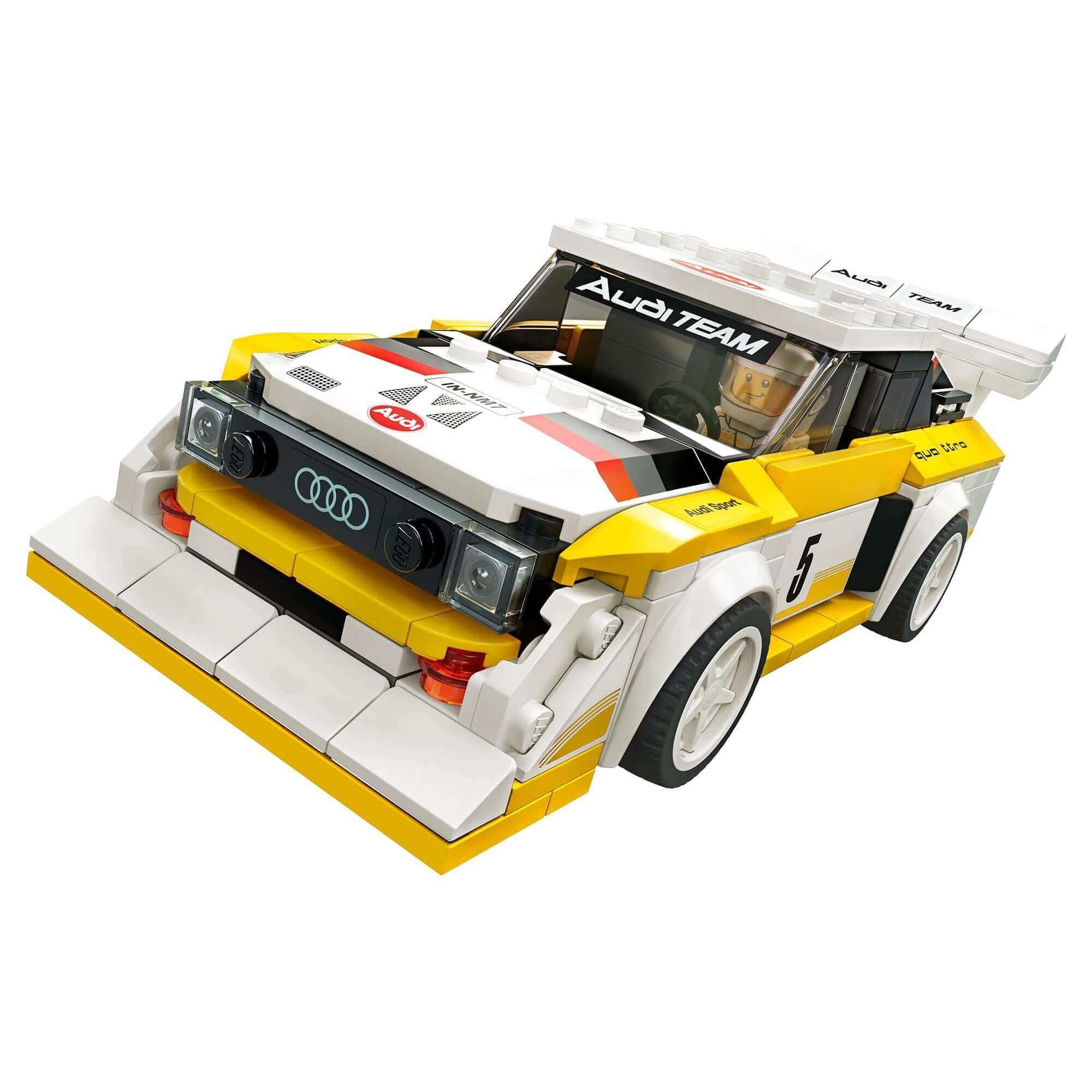 LEGO Speed Champions Audi Sport Quattro S1 model car, iconic 1980s design, perfect for racing enthusiasts.