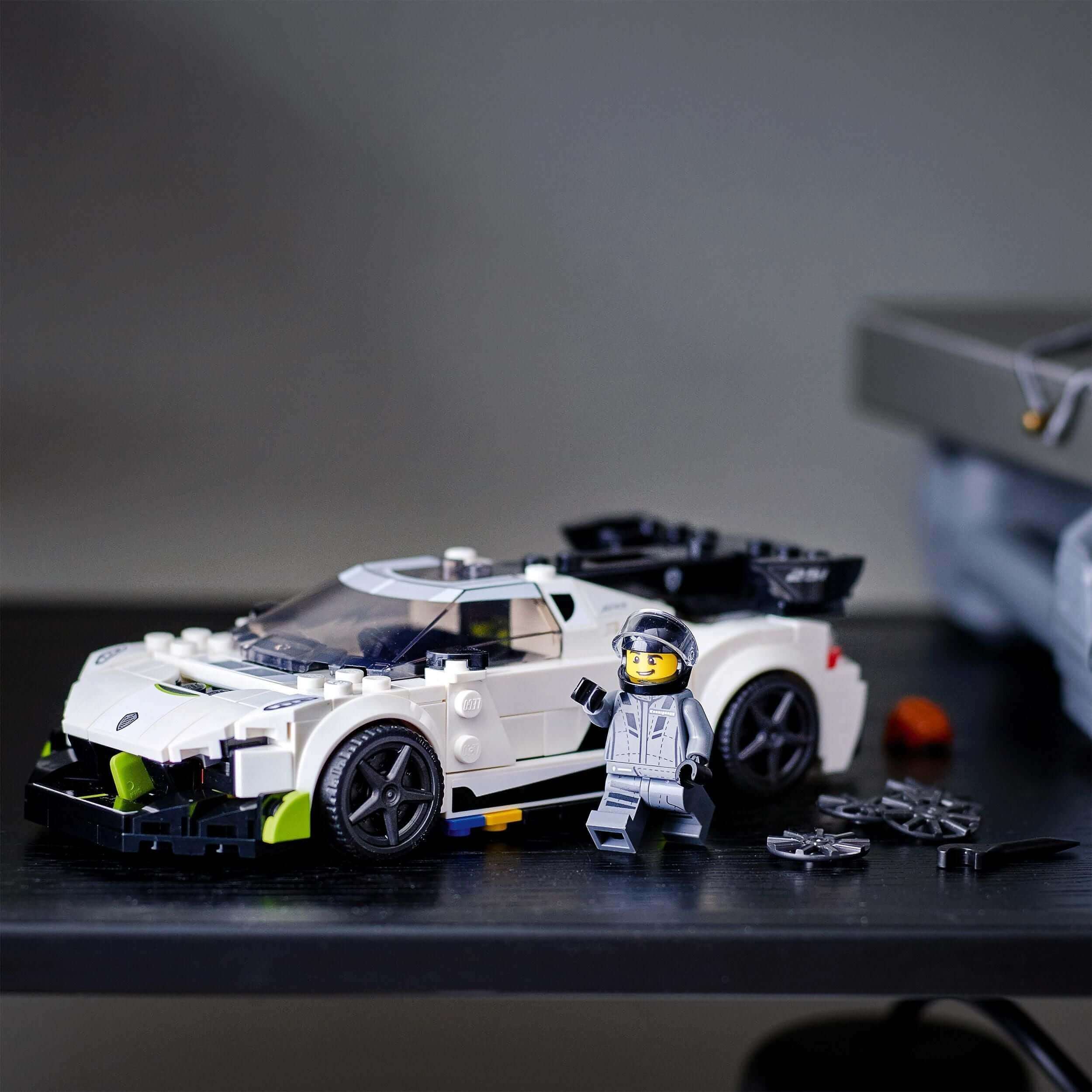 LEGO Speed Champions Koenigsegg Jesko car toy 76900 with minifigure, showcasing detailed design for play and display.