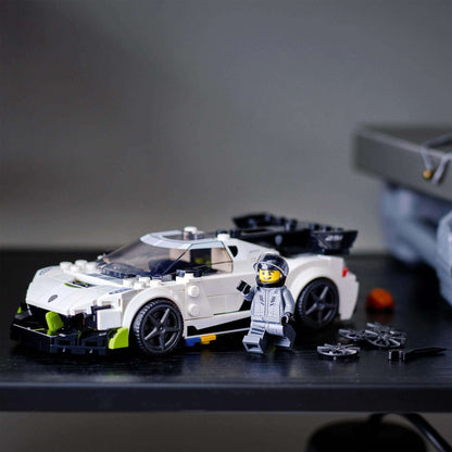 LEGO Speed Champions Koenigsegg Jesko car toy 76900 with minifigure, showcasing detailed design for play and display.