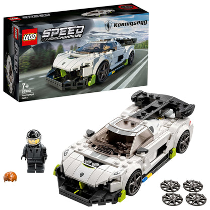 LEGO Speed Champions Koenigsegg Jesko 76900 with car, minifigure, and extra wheels on a road backdrop.